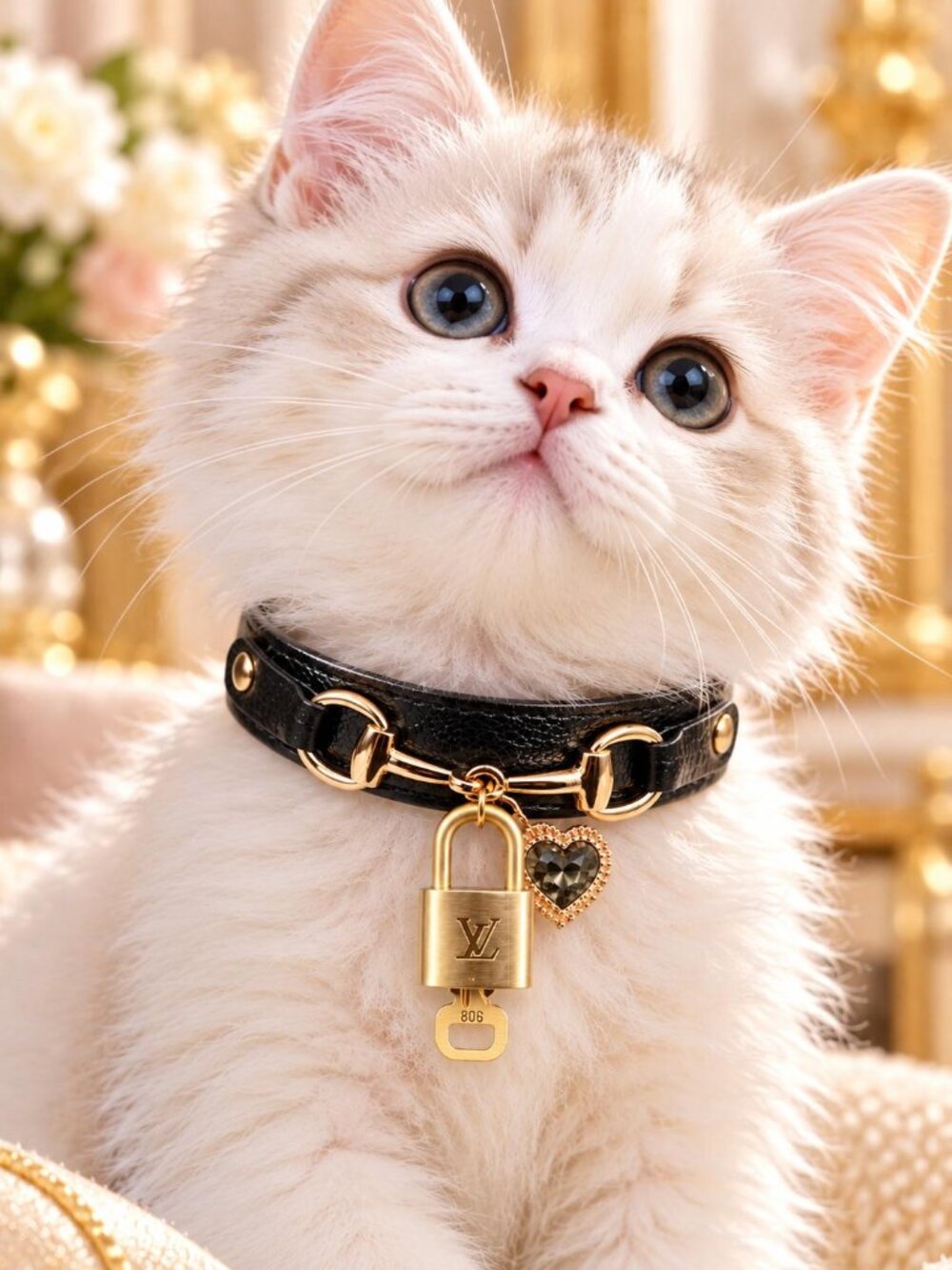 Authentic Louis Vuitton Gold Padlock & Key + Unbranded Pet Collar Dog Cat